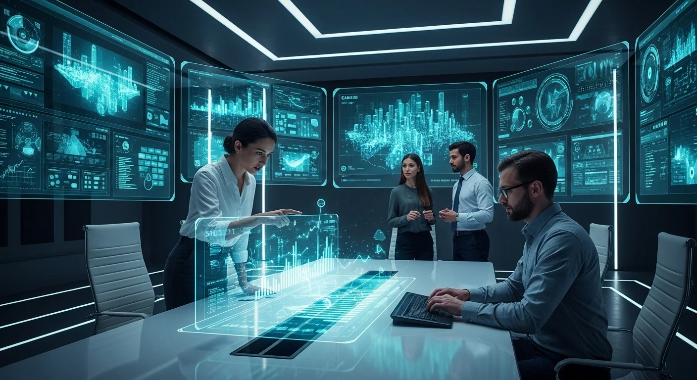 실시간 데이터를 분석 중인 미래지향적 회의실에서 대형 디지털 스크린을 보는 다양한 전문가들