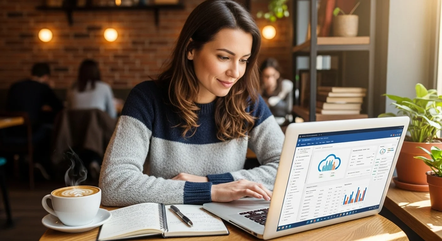 카페 환경에서 노트북으로 클라우드 기반 소프트웨어를 사용하는 소규모 사업주