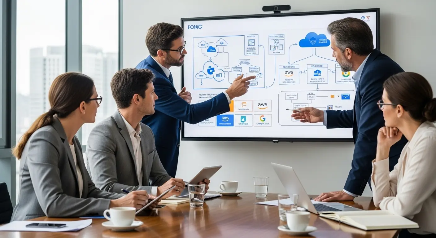 클라우드 마이그레이션 전략을 계획하는 임원들의 비즈니스 전략 회의