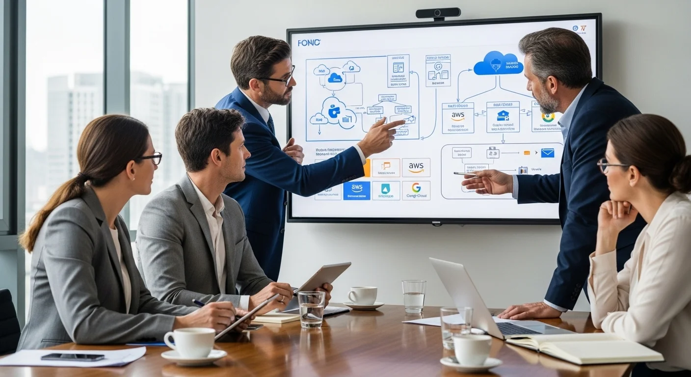 클라우드 마이그레이션 전략을 계획하는 임원들의 비즈니스 전략 회의