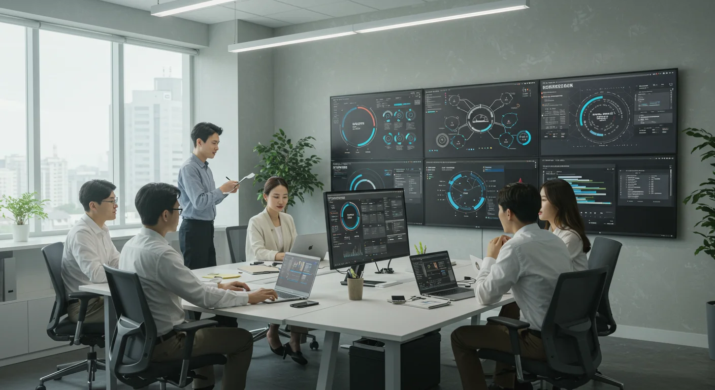 현대 한국 사무실에서 ERP 소프트웨어를 사용하는 직원들이 협업하는 모습