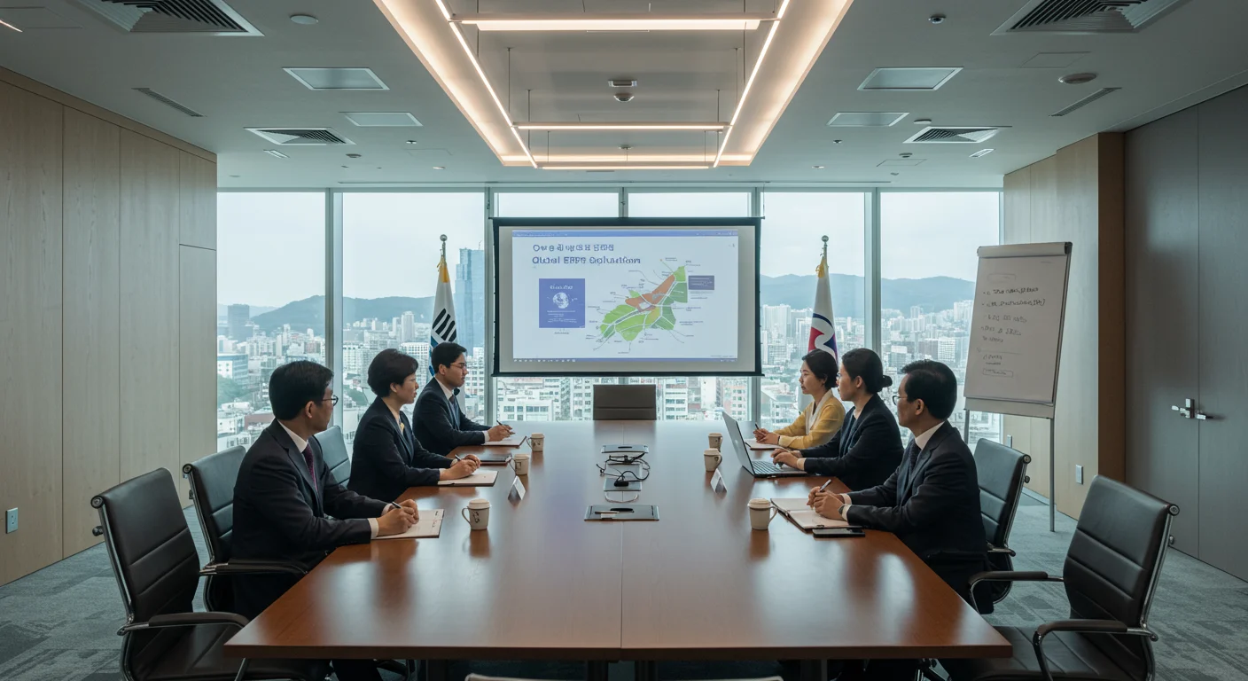 국제 비즈니스 회의에서 글로벌 ERP 솔루션을 논의하는 한국 임원들