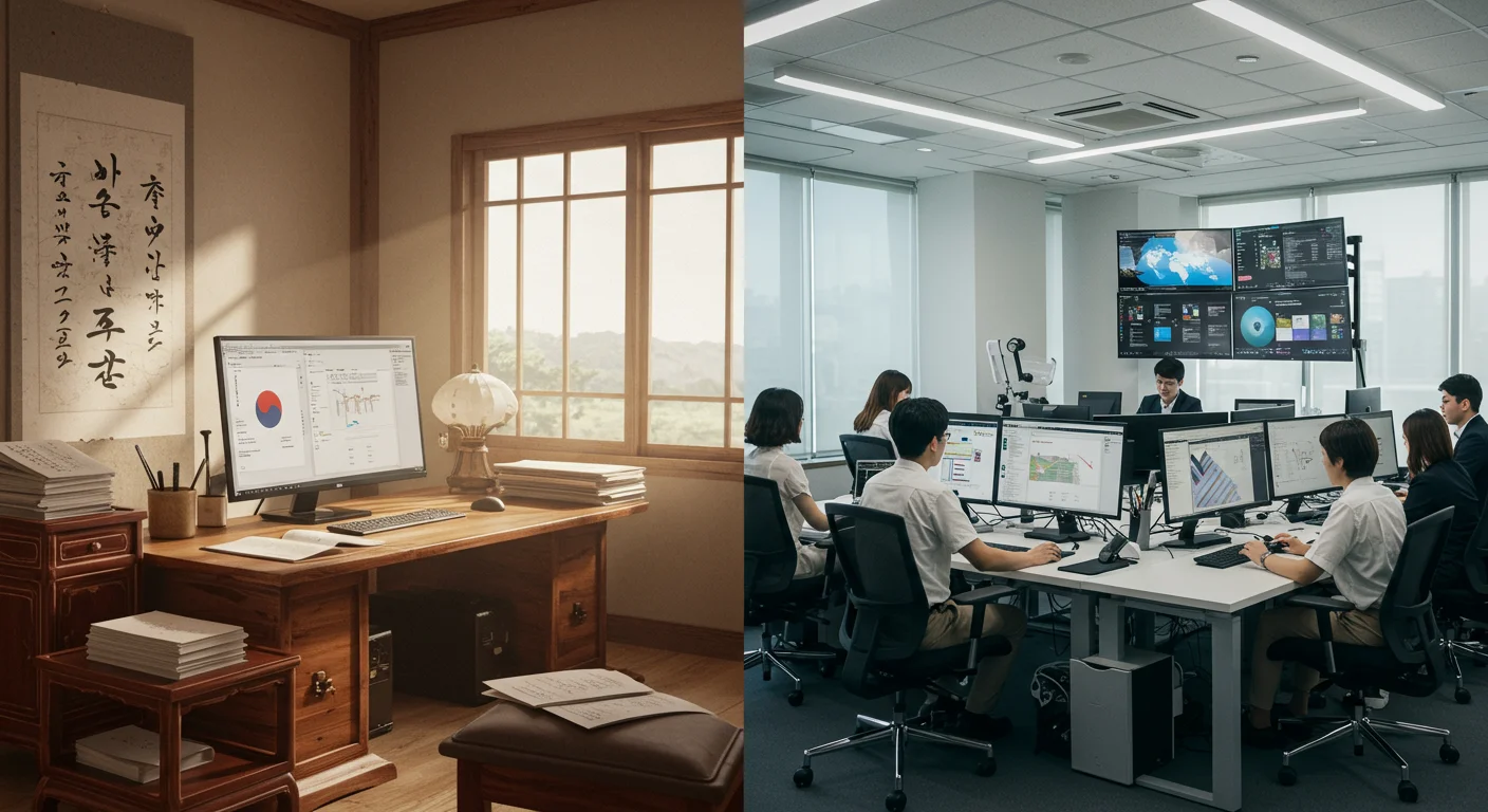 한국 전통적 환경과 글로벌 소프트웨어 환경을 비교하는 오피스 설정