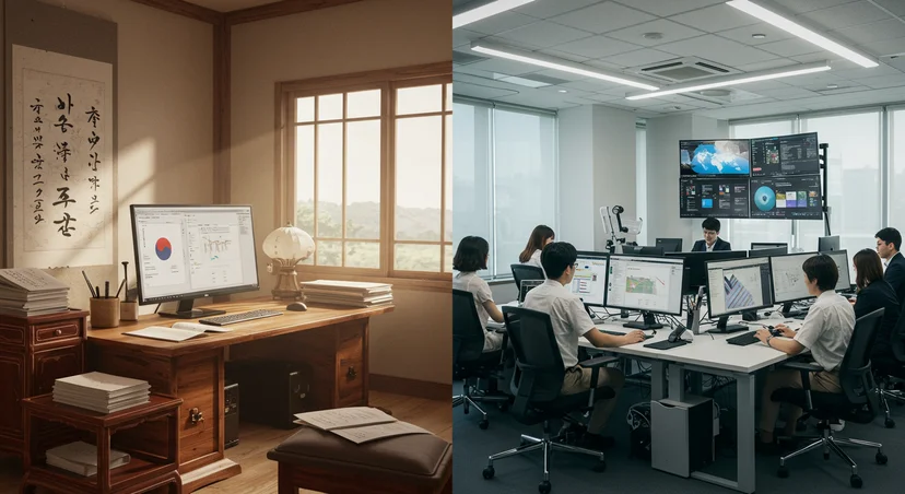 한국 전통적 환경과 글로벌 소프트웨어 환경을 비교하는 오피스 설정