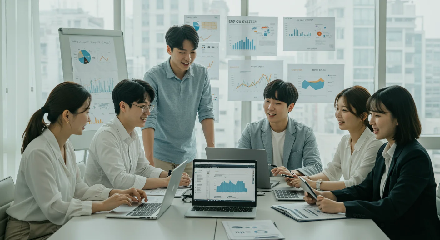 성장 계획을 검토하며 다양한 그래프와 노트북으로 가득한 사무실에서 일하는 작은 한국 비즈니스 팀