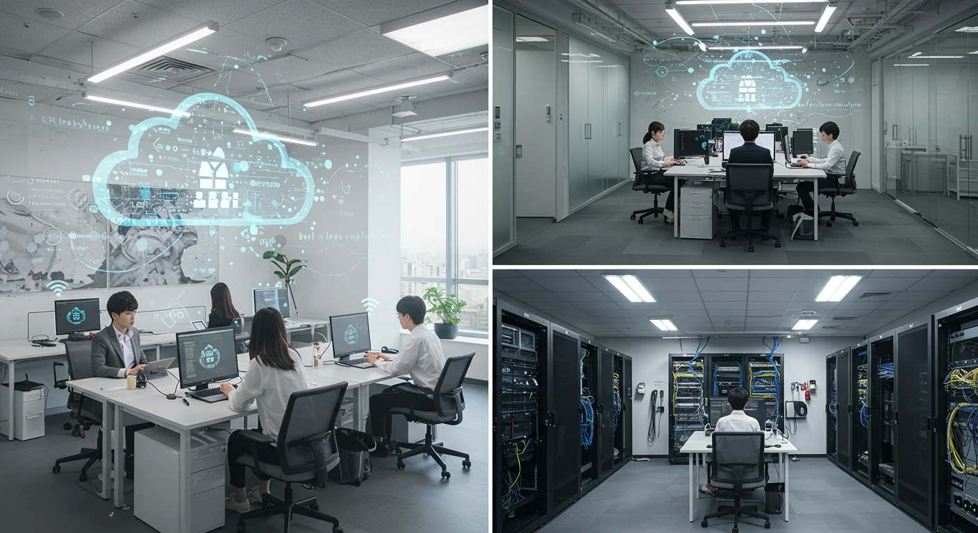 현대적인 한국 회사 환경에서 클라우드 기반과 온프레미스 IT 인프라를 보여주는 다양한 오피스 설정