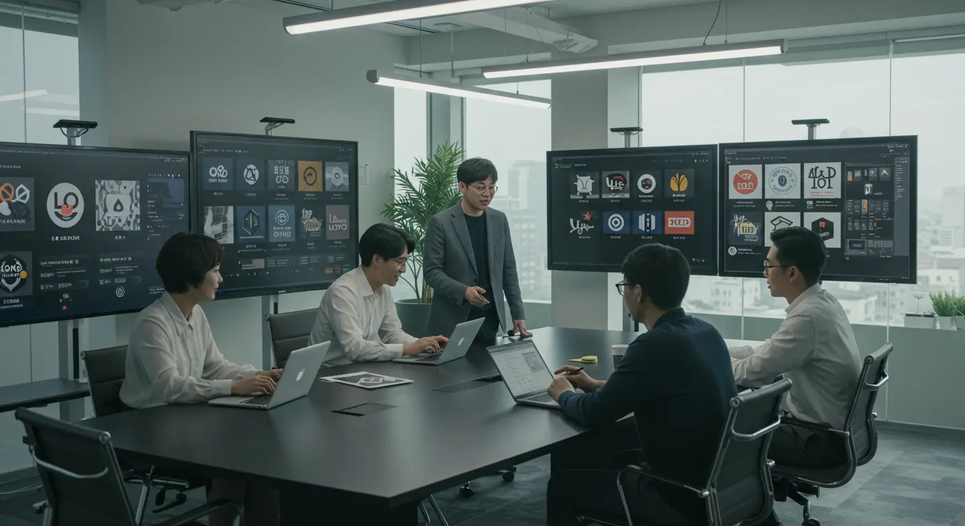 현대적인 사무실에서 로고 디자인을 논의하는 전문가 팀