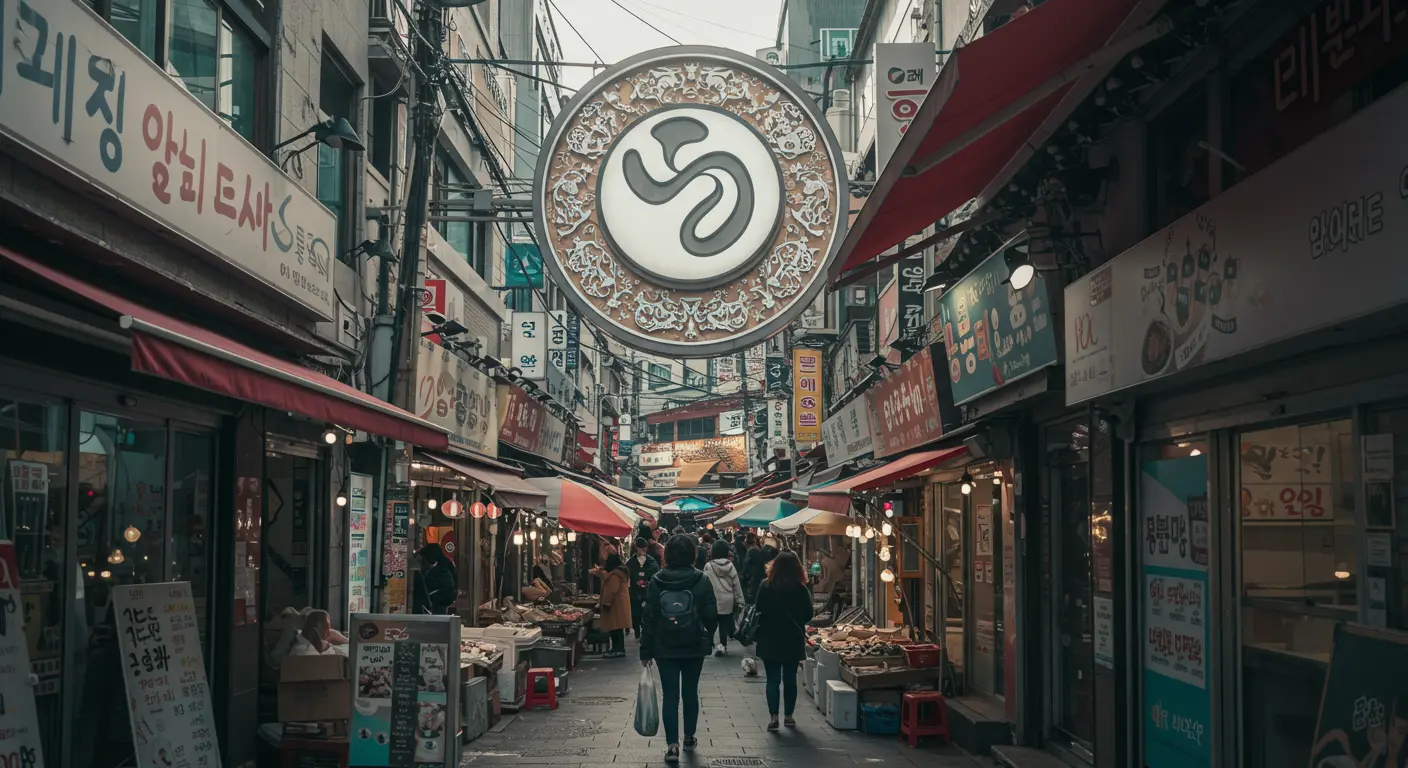 서울 거리 시장에서 눈에 띄는 한국 브랜드 로고