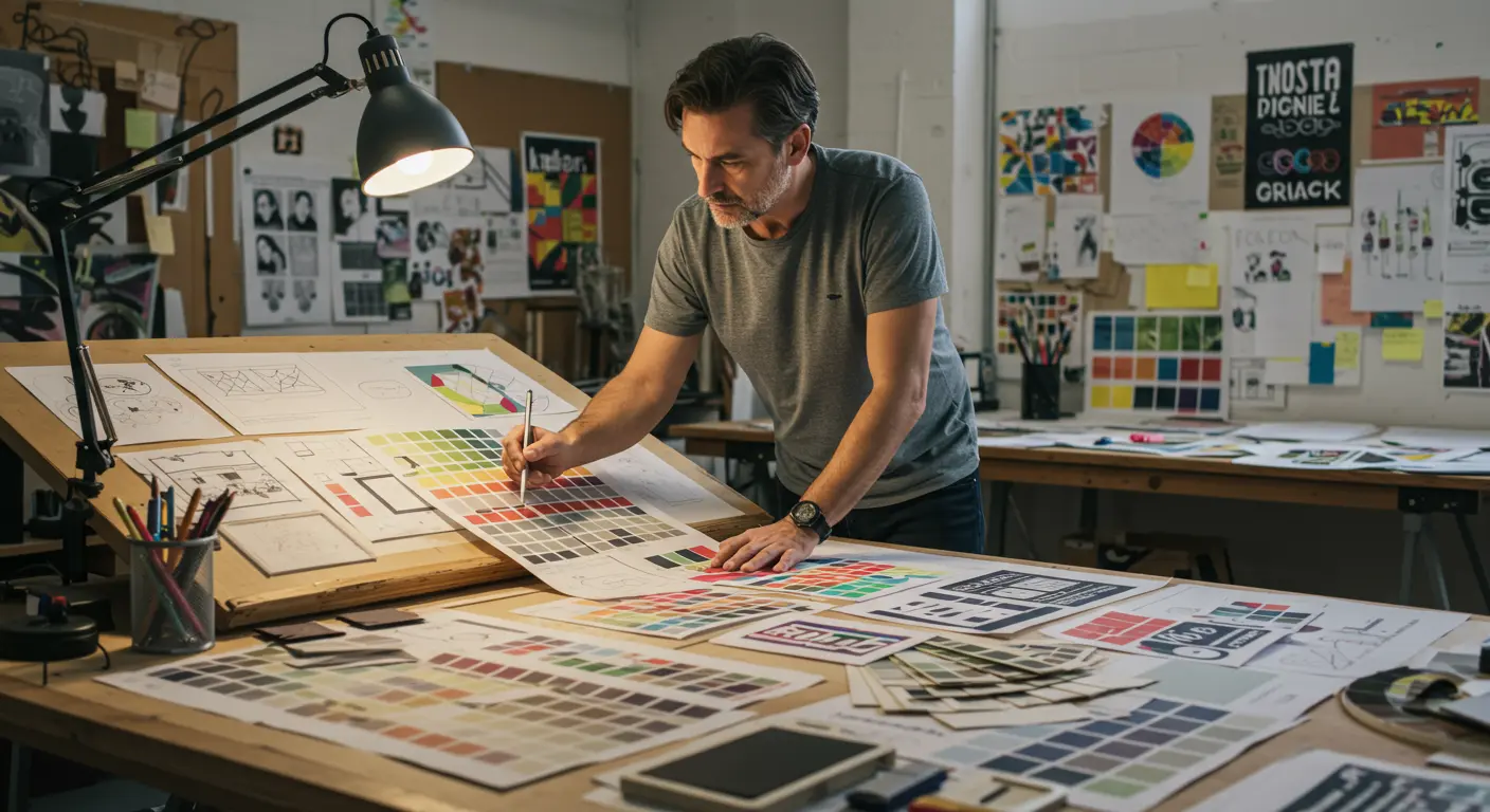 색상 팔레트와 로고 프로토타입 작업 중인 디자이너