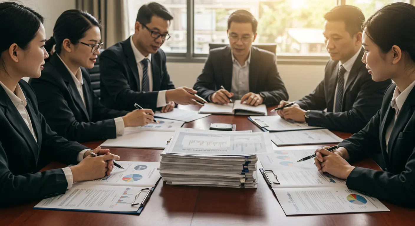 상표 이의신청 사례를 논의하는 기업 회의