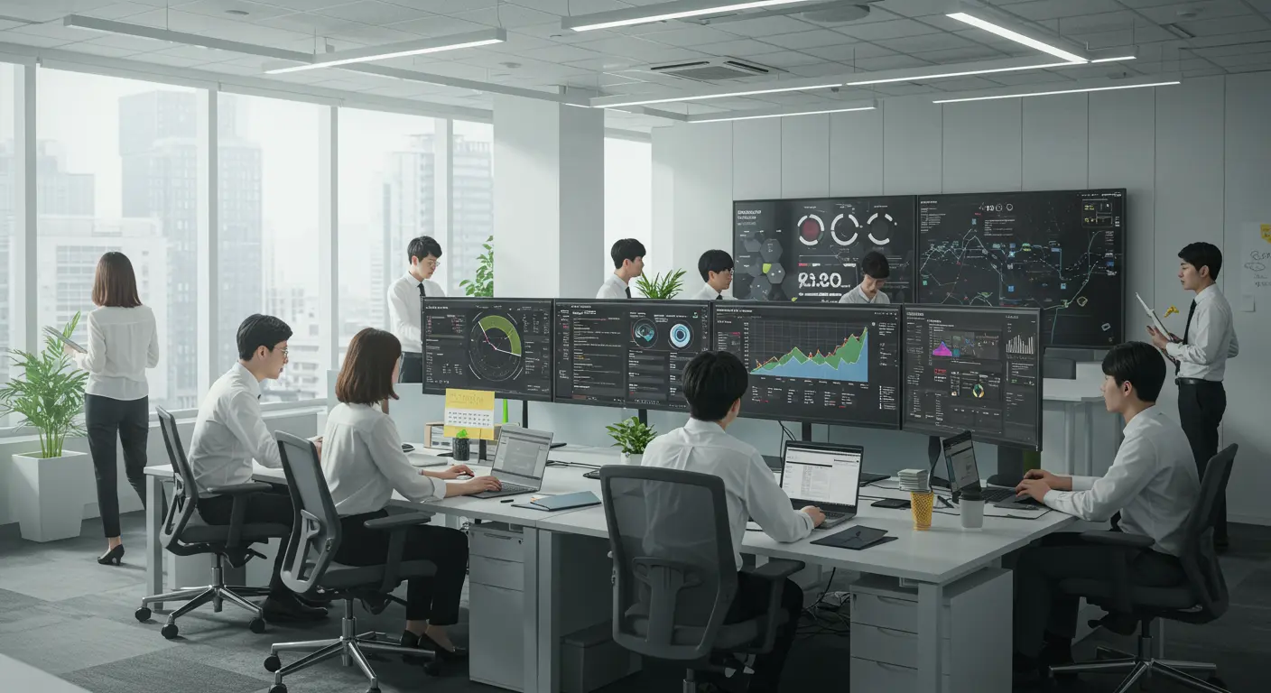 현대적인 사무실에서 다양한 직원들이 협업하며 ERP 시스템을 사용하는 모습