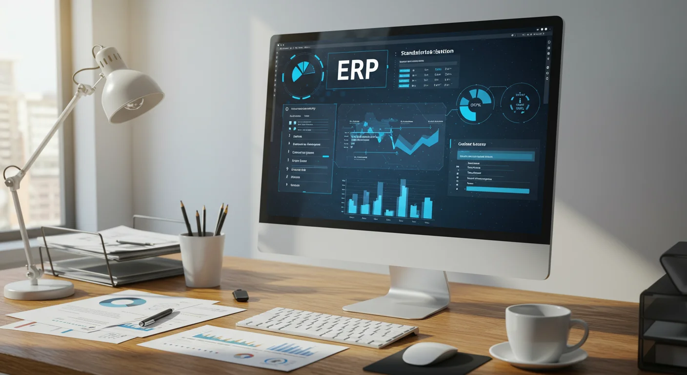 깔끔하고 체계적인 작업 공간에서 ERP 인터페이스를 보여주는 화면