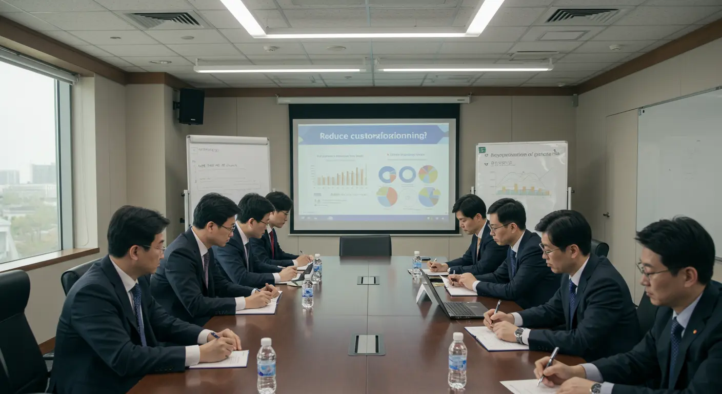 컨퍼런스 룸에서 커스터마이징 감소와 효율성을 논의하는 비즈니스 전문가들