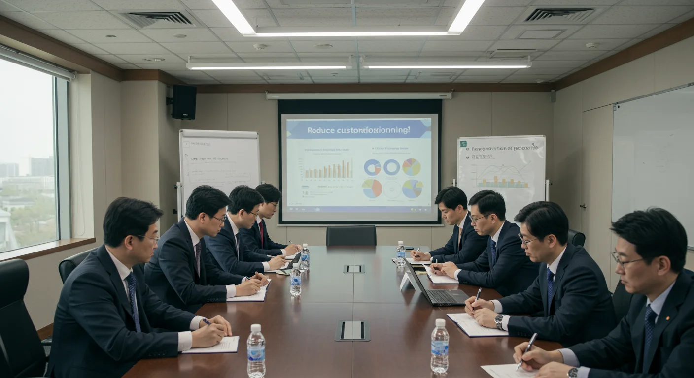 컨퍼런스 룸에서 커스터마이징 감소와 효율성을 논의하는 비즈니스 전문가들