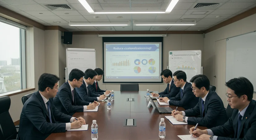 컨퍼런스 룸에서 커스터마이징 감소와 효율성을 논의하는 비즈니스 전문가들
