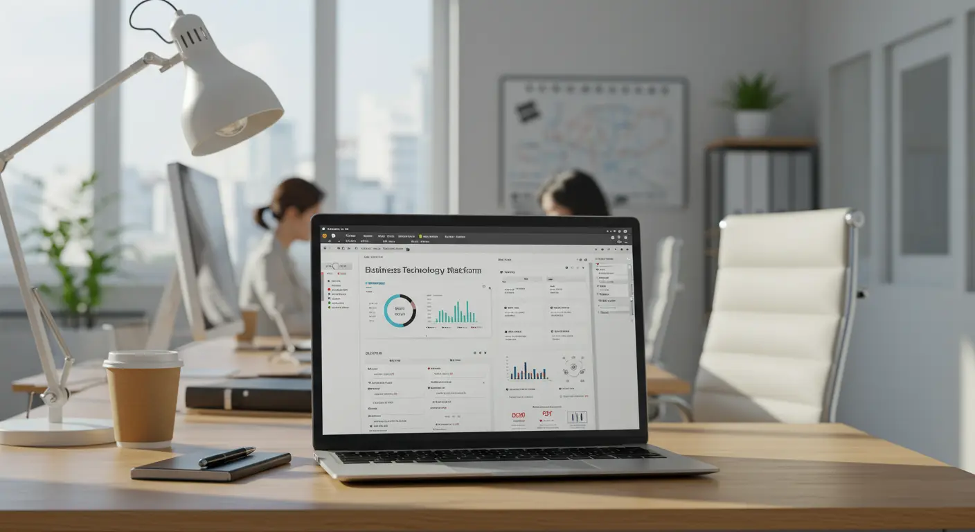 현대적 작업 공간에서 노트북 화면에 표시된 Business Technology Platform