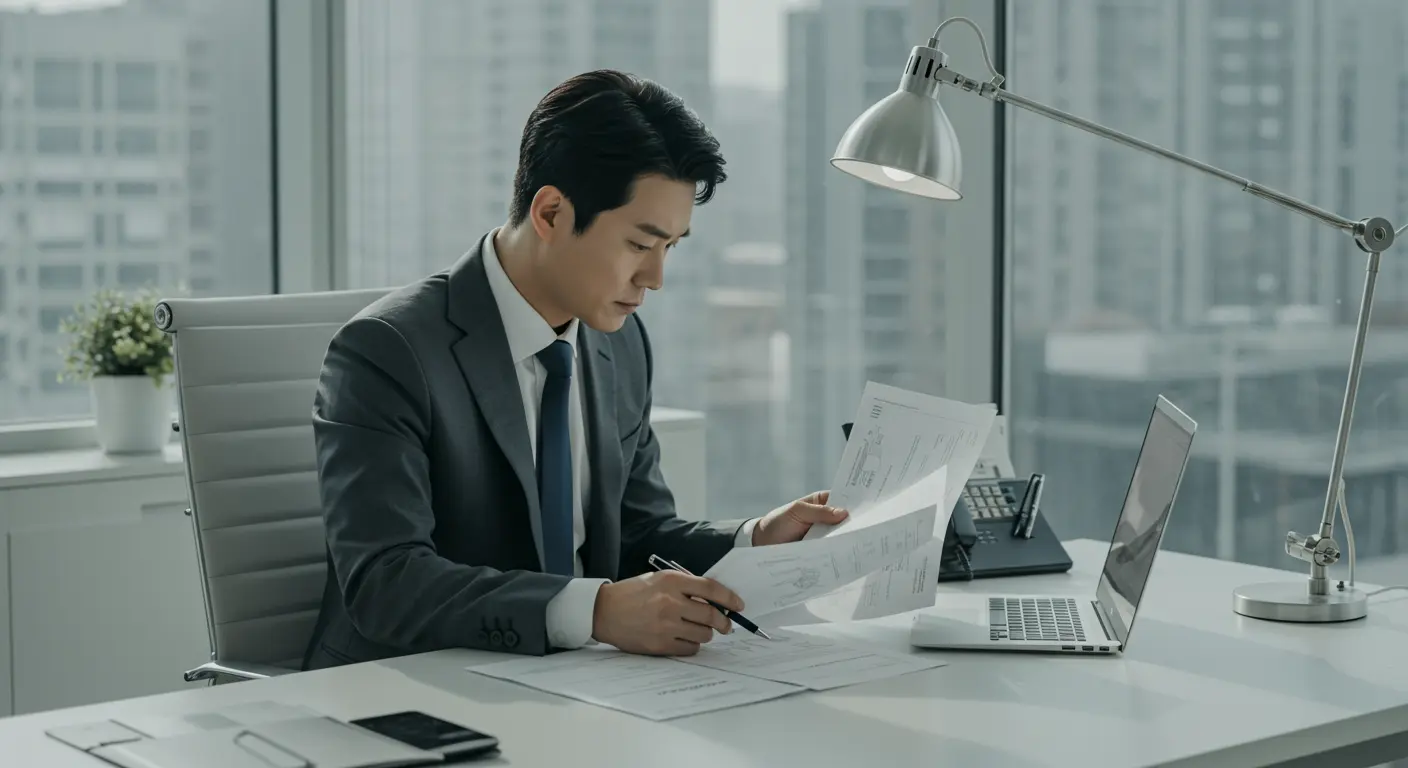 현대적인 사무실에서 특허 서류를 검토하는 비즈니스 전문가의 모습