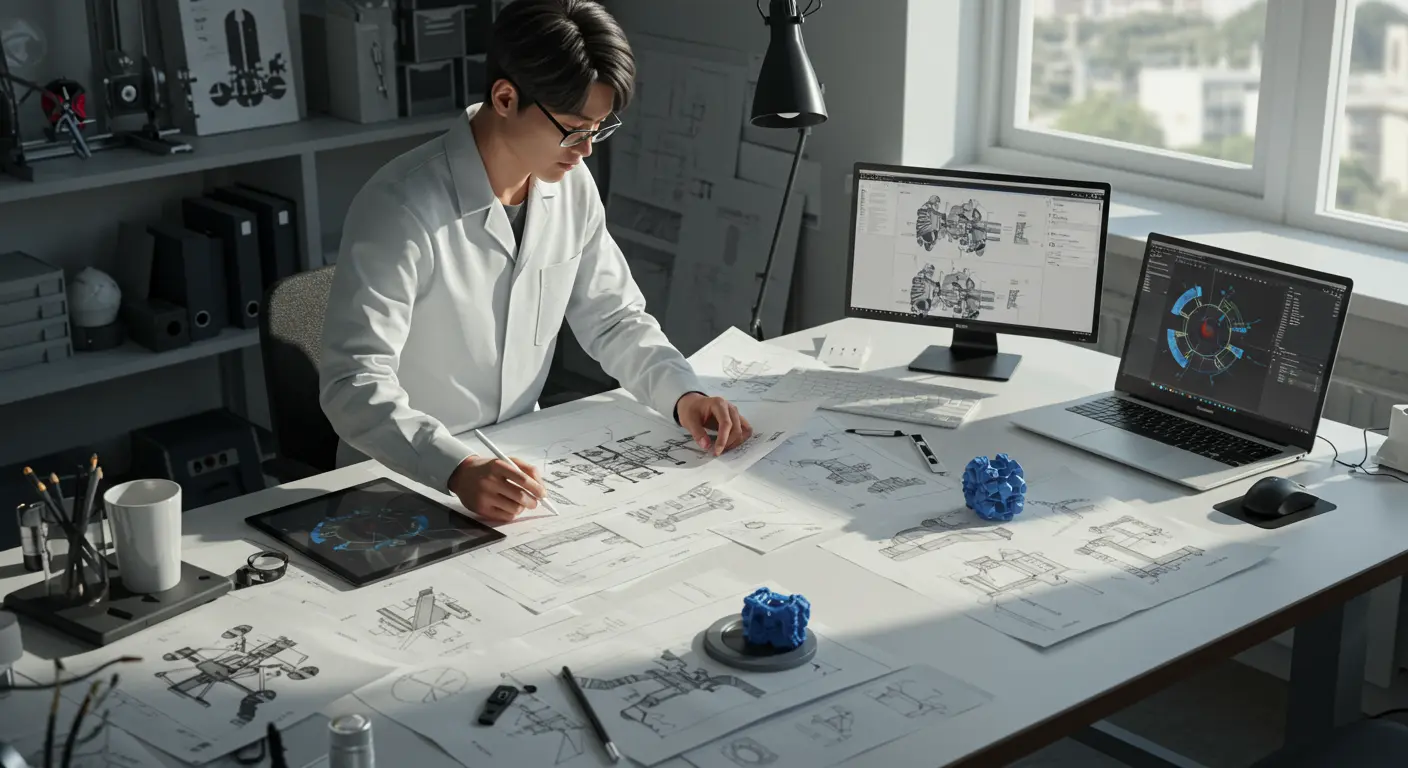 넓은 작업대에서 기술 문서와 스케치를 정리하는 엔지니어