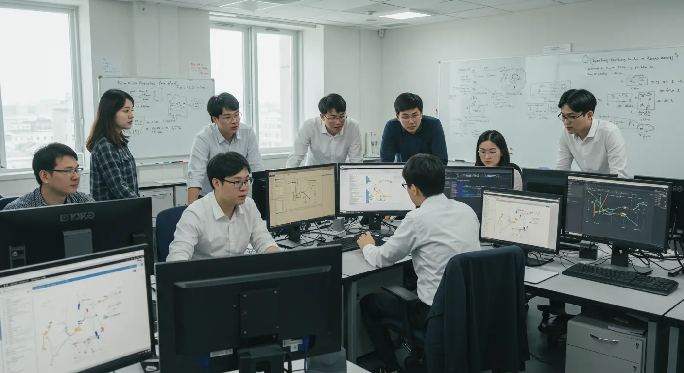 협업 공간에서 컴퓨터로 키워드 검색을 수행하는 연구팀