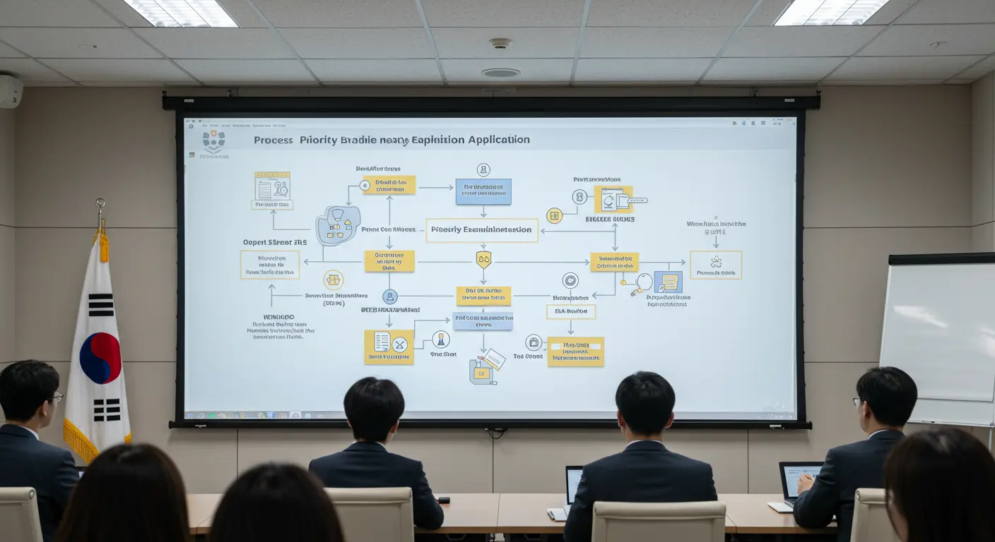 기업 프레젠테이션 중 우선심사 신청 절차를 보여주는 대형 화면