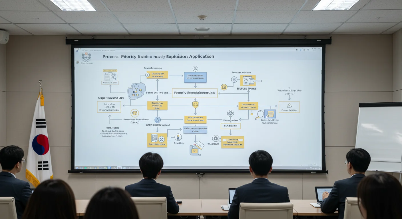 기업 프레젠테이션 중 우선심사 신청 절차를 보여주는 대형 화면