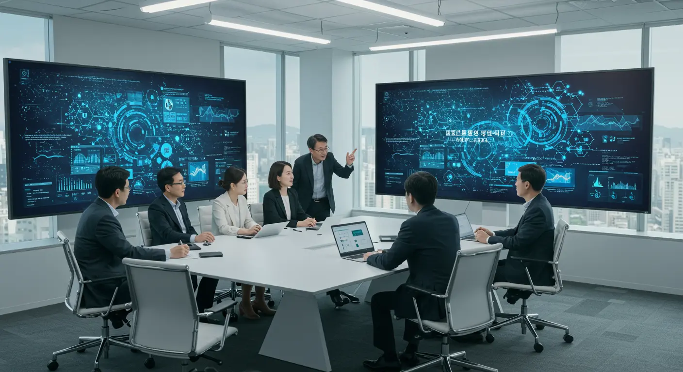 현대적인 사무실에서 기술 이전 전략을 논의하는 한국 비즈니스 미팅 장면