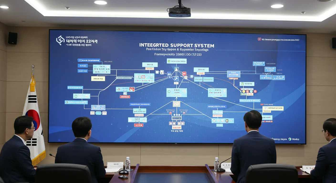통합 지원 체계를 회의실에서 논의 중인 한국 정부 관계자들