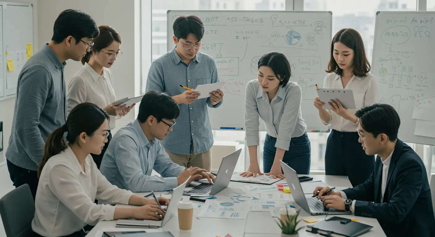 사무실 환경에서 데이터를 분석하고 비즈니스 모델을 개발 중인 한국 기업가들
