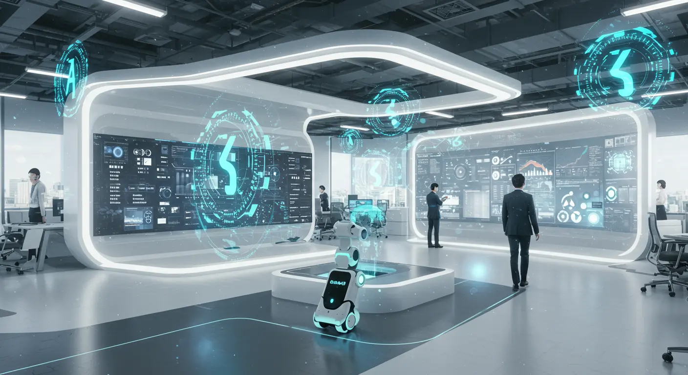 미래지향적인 한국 사무실에서 홀로그램으로 표시된 상표와 AI 시스템이 어우러진 모습