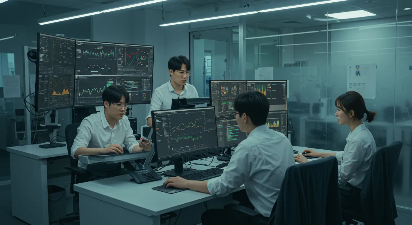 첨단 사무실 환경에서 여러 화면을 통해 데이터를 분석하는 한국 전문가들