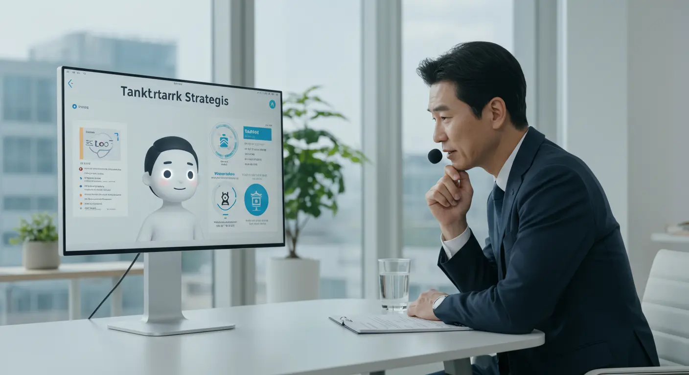 한국 기업가가 AI 인터페이스를 통해 가상의 상담을 받으며 전략 논의하는 모습