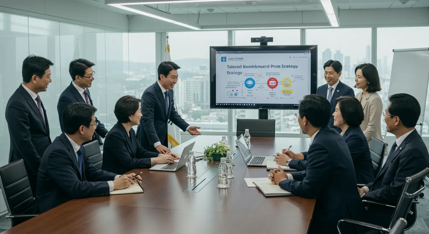 현대적인 회의실에서 맞춤형 전략을 논의하는 다양한 한국 비즈니스 리더들