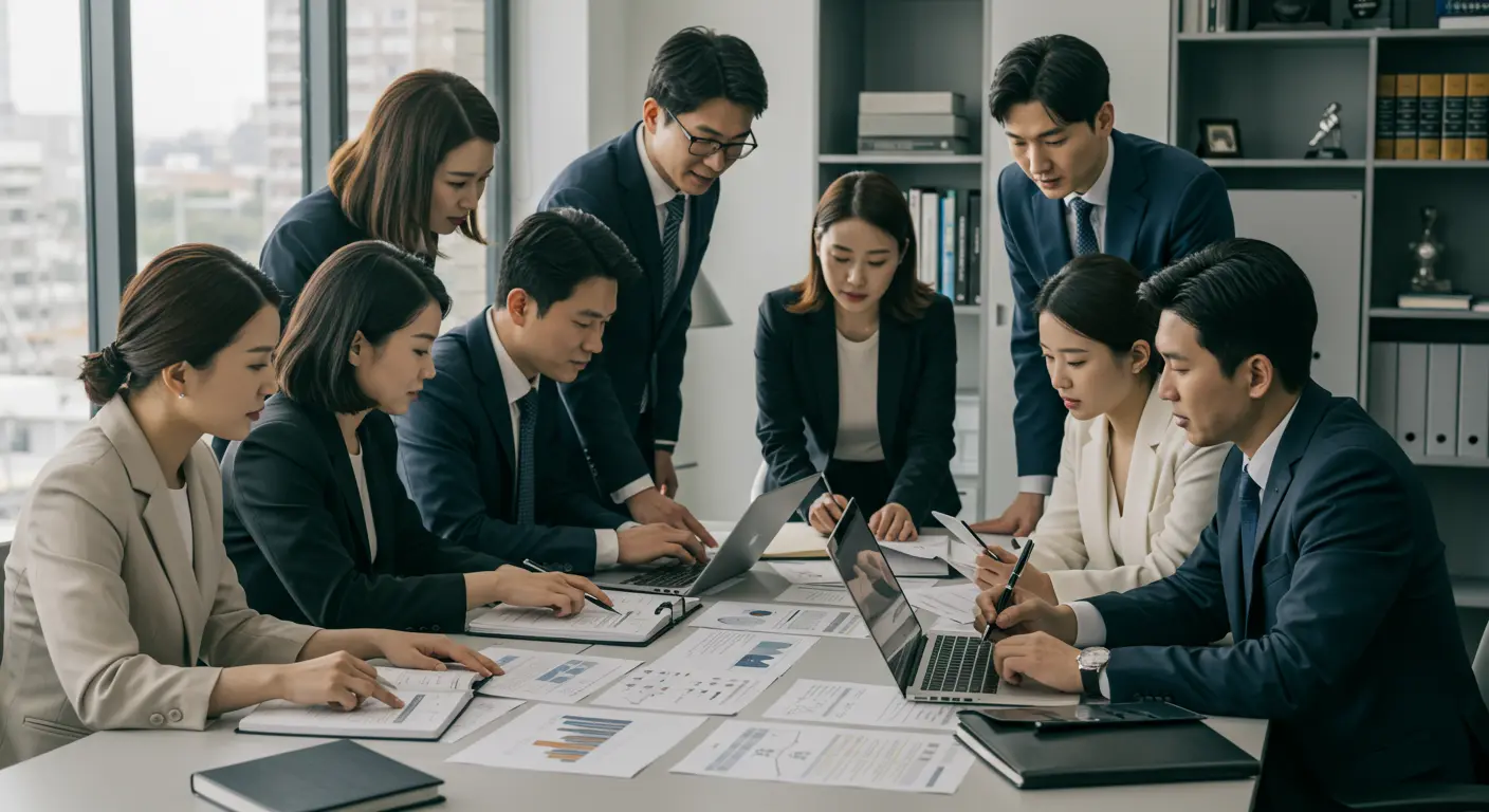 전문적인 환경에서 법적 문서와 리스크 관리를 논의하는 한국 법률 전문가들