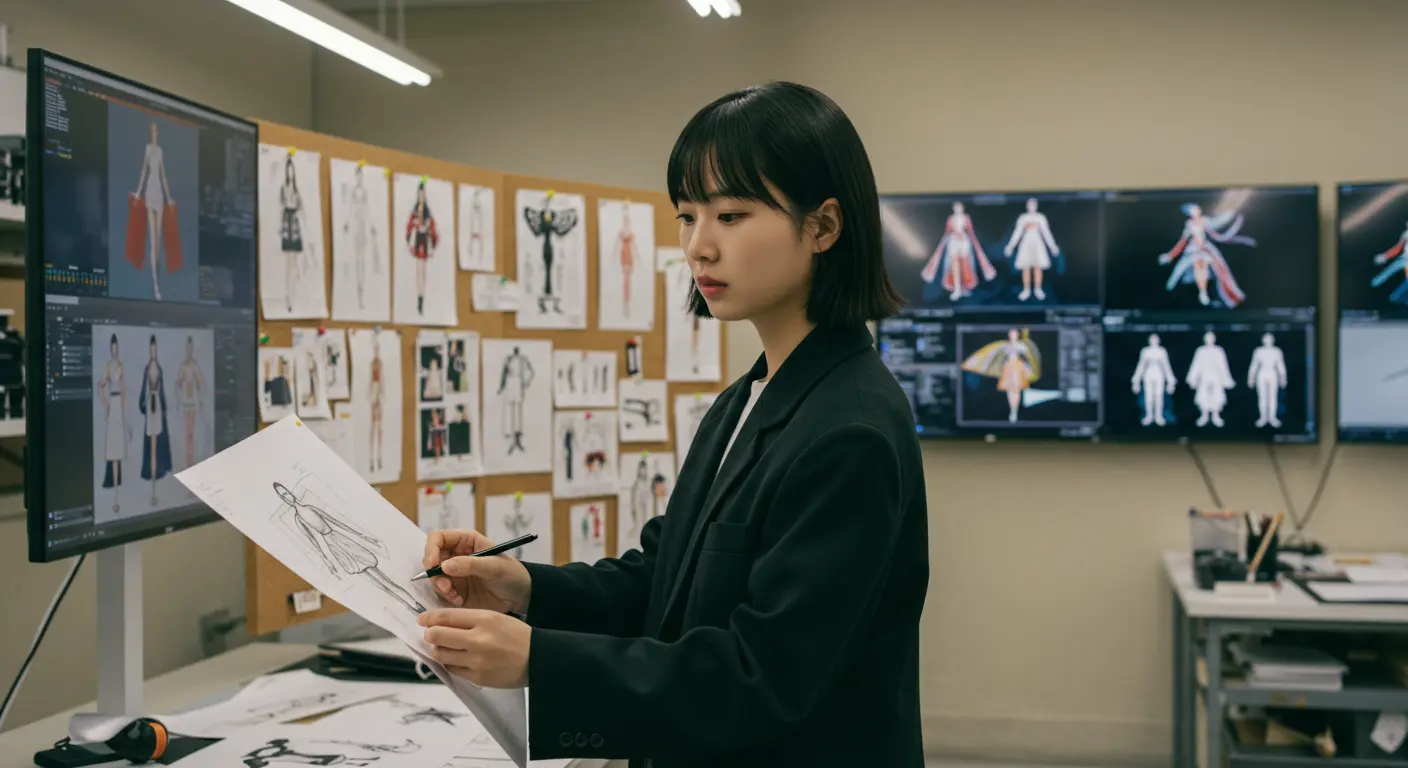 현대적인 스튜디오에서 스케치와 디지털 화면에 둘러싸여 작업 중인 디자이너의 집중된 모습