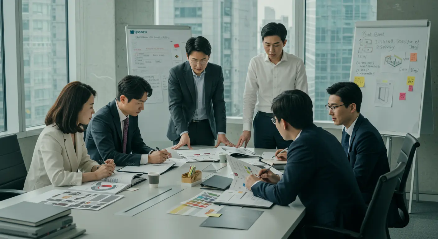 바쁜 도시 사무실에서 지식재산권과 관련된 서류를 논의하는 전문직 종사자들
