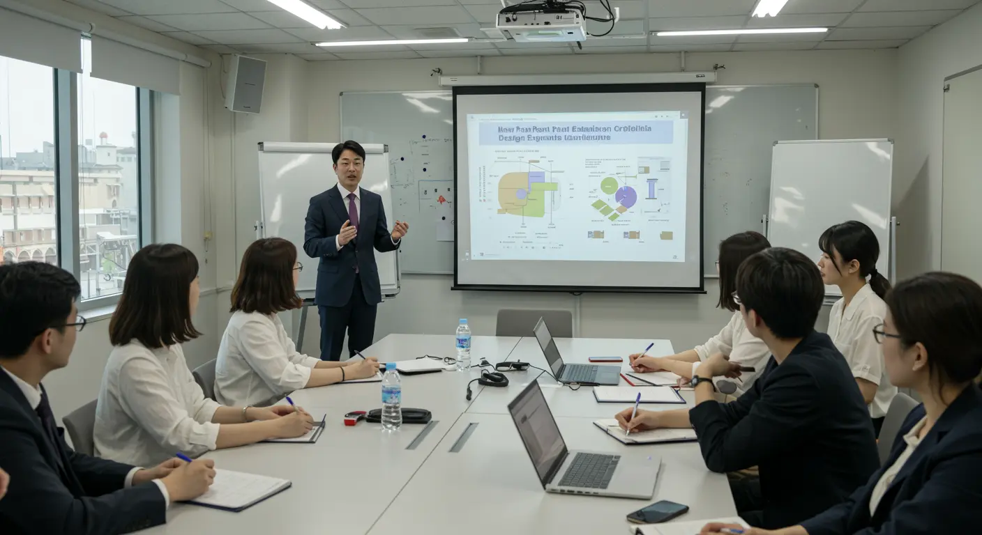 회의실에서 새로운 심사 기준을 설명하는 변리사와 이를 듣는 디자이너들