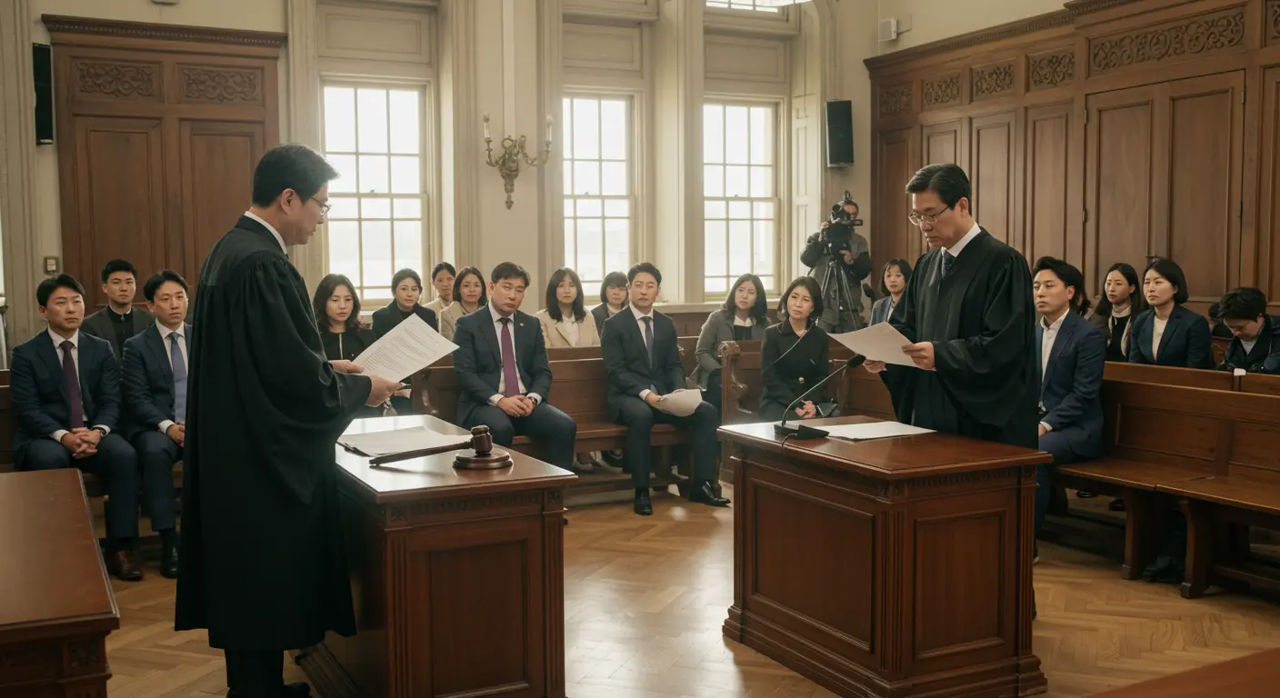법정에서 판결을 내리는 판사의 모습과 이를 주시하는 방청객들