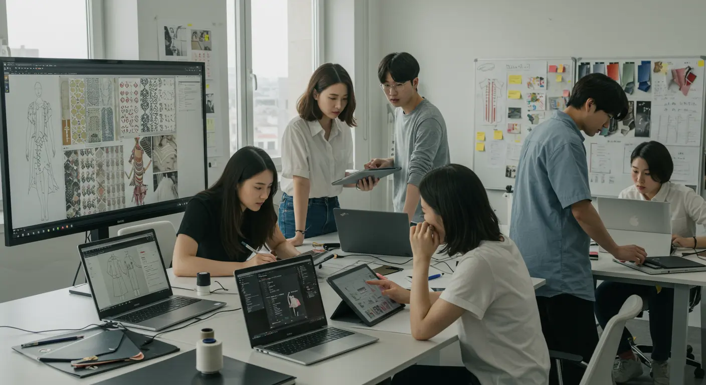 협업 공간에서 디지털 도구로 선행 기술 조사를 하는 젊은 디자이너들