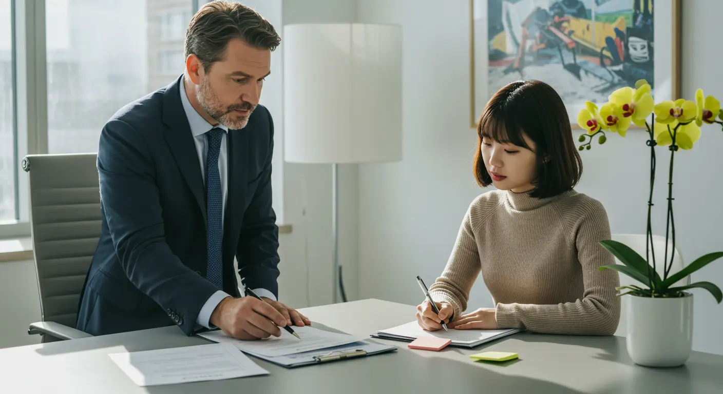 사무실 책상에서 특허 변리사와 출원 절차에 대해 상담하는 모습