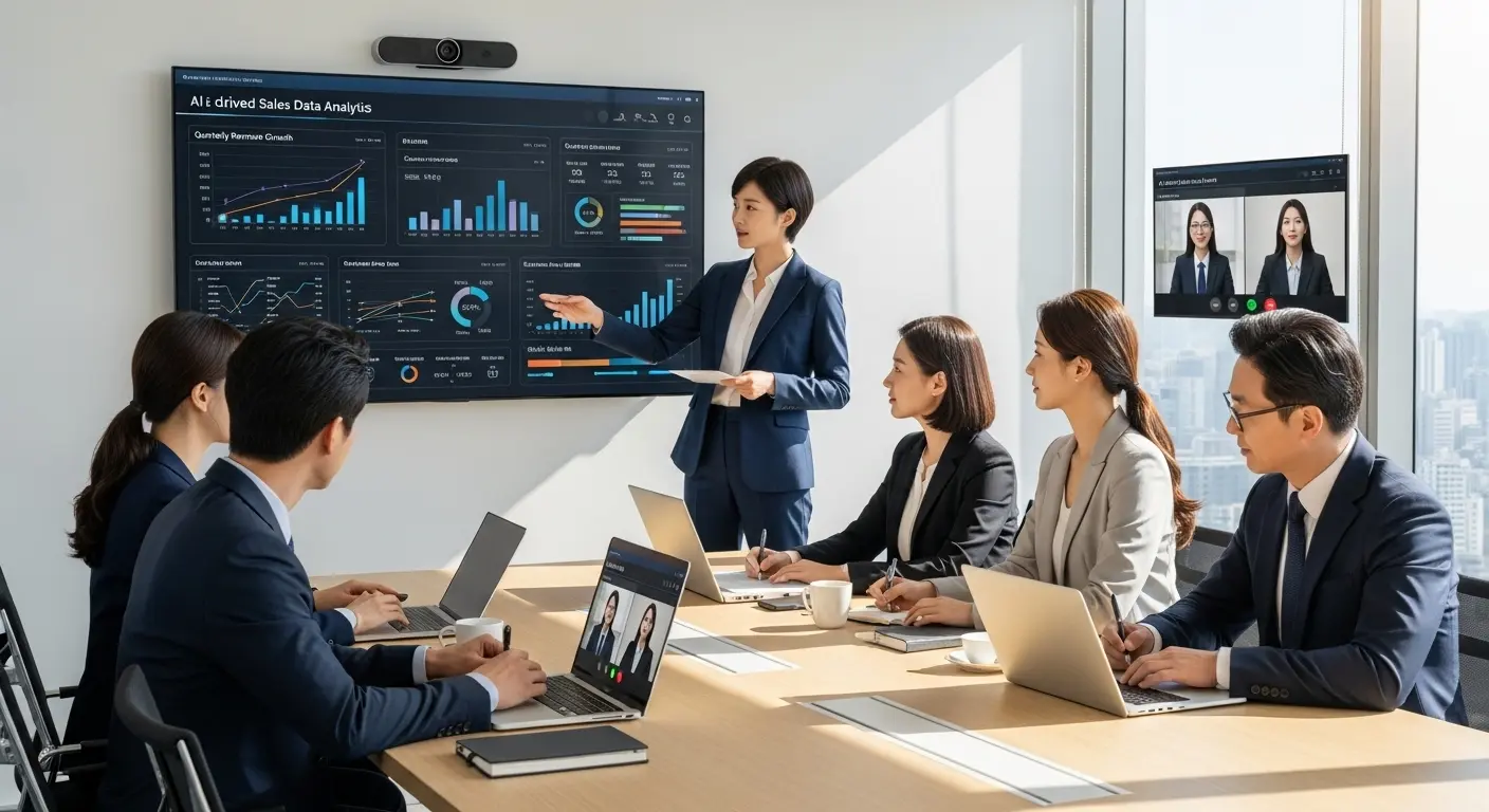 현대적인 사무실에서 AI 판매 데이터 분석을 보여주는 디지털 스크린과 협력하는 다양한 팀