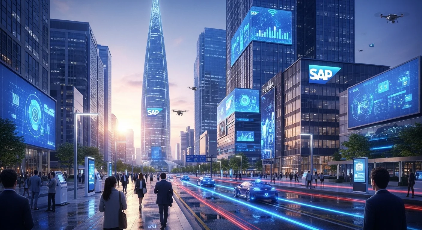 SAP 솔루션을 통한 비즈니스 혁신에 중점을 둔 스마트 기술과 통합된 활기찬 한국 도시 풍경