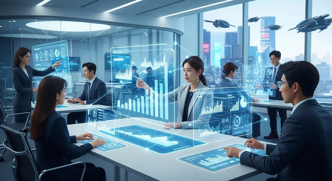 첨단 사무실 환경에서 AI 도구를 사용하는 한국인 전문가들