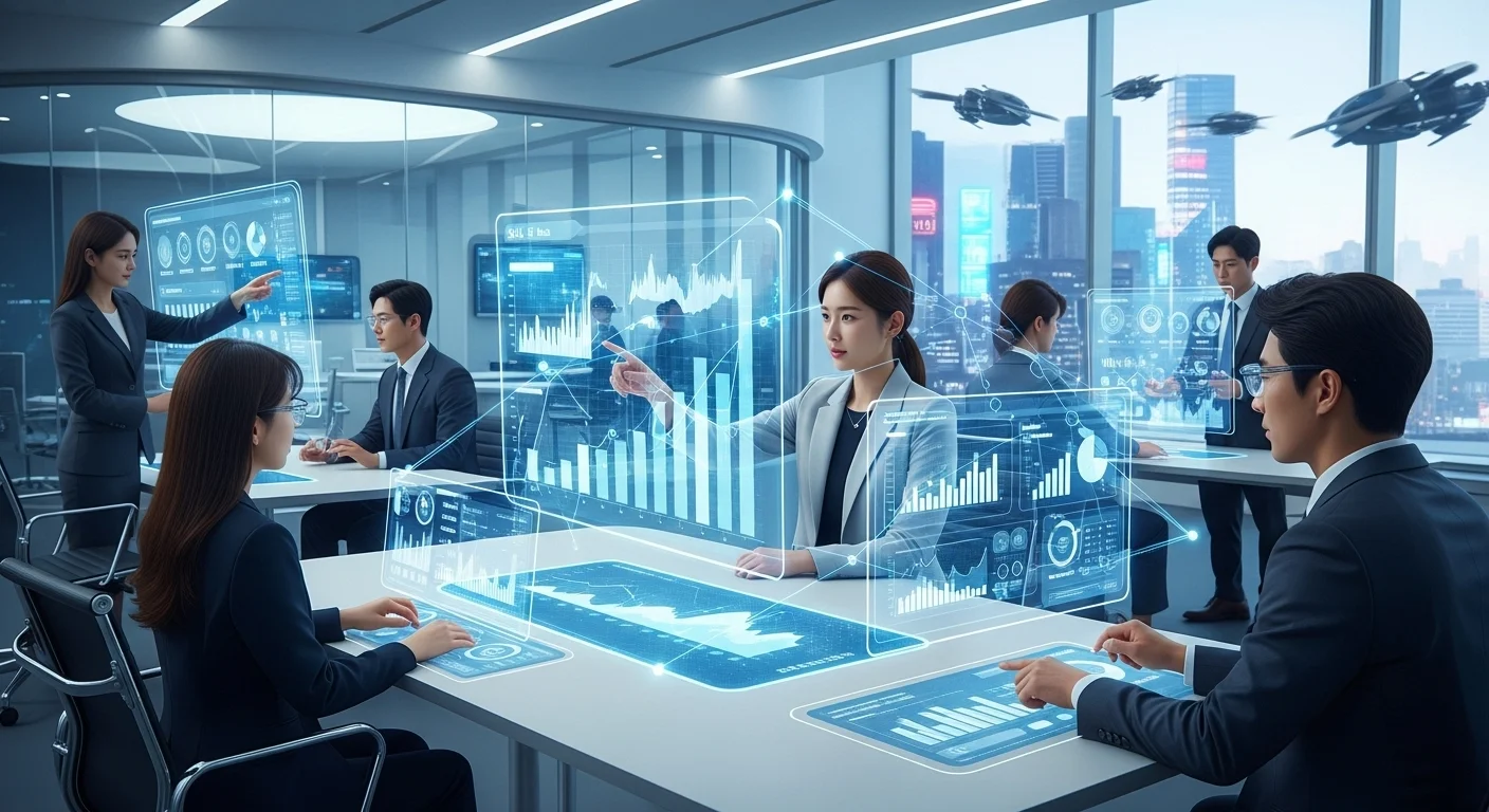 첨단 사무실 환경에서 AI 도구를 사용하는 한국인 전문가들