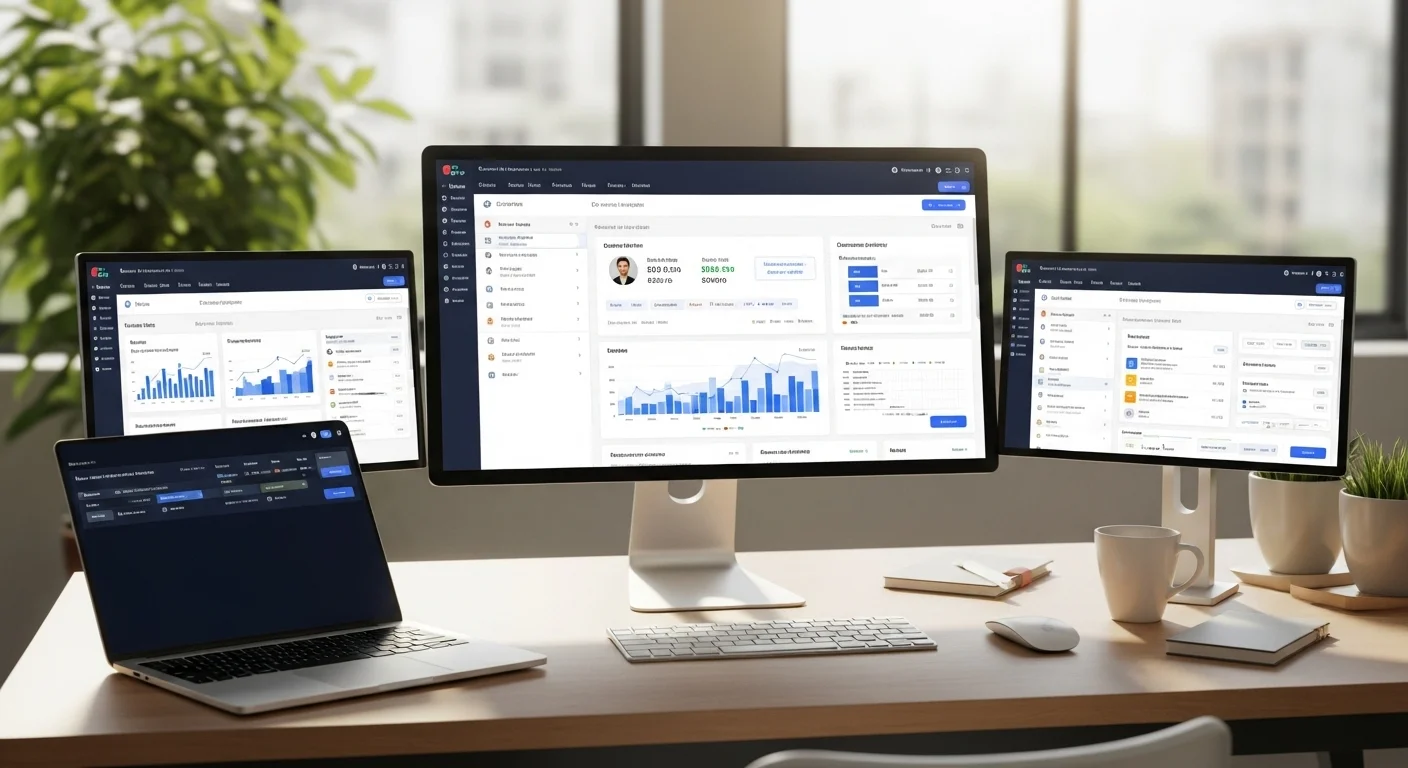 현대적인 작업 공간에서 데이터 통합 및 분석 도구를 보여주는 고급 CRM 소프트웨어 인터페이스
