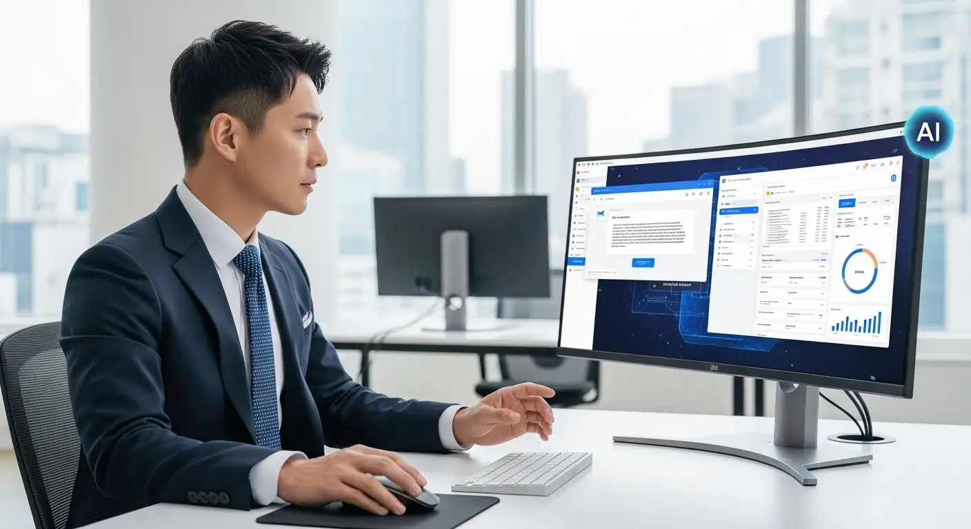 세련된 컴퓨터 설정에서 이메일 작성 및 보고서 생성을 자동화하기 위해 AI를 사용하는 한국인 영업 전문가
