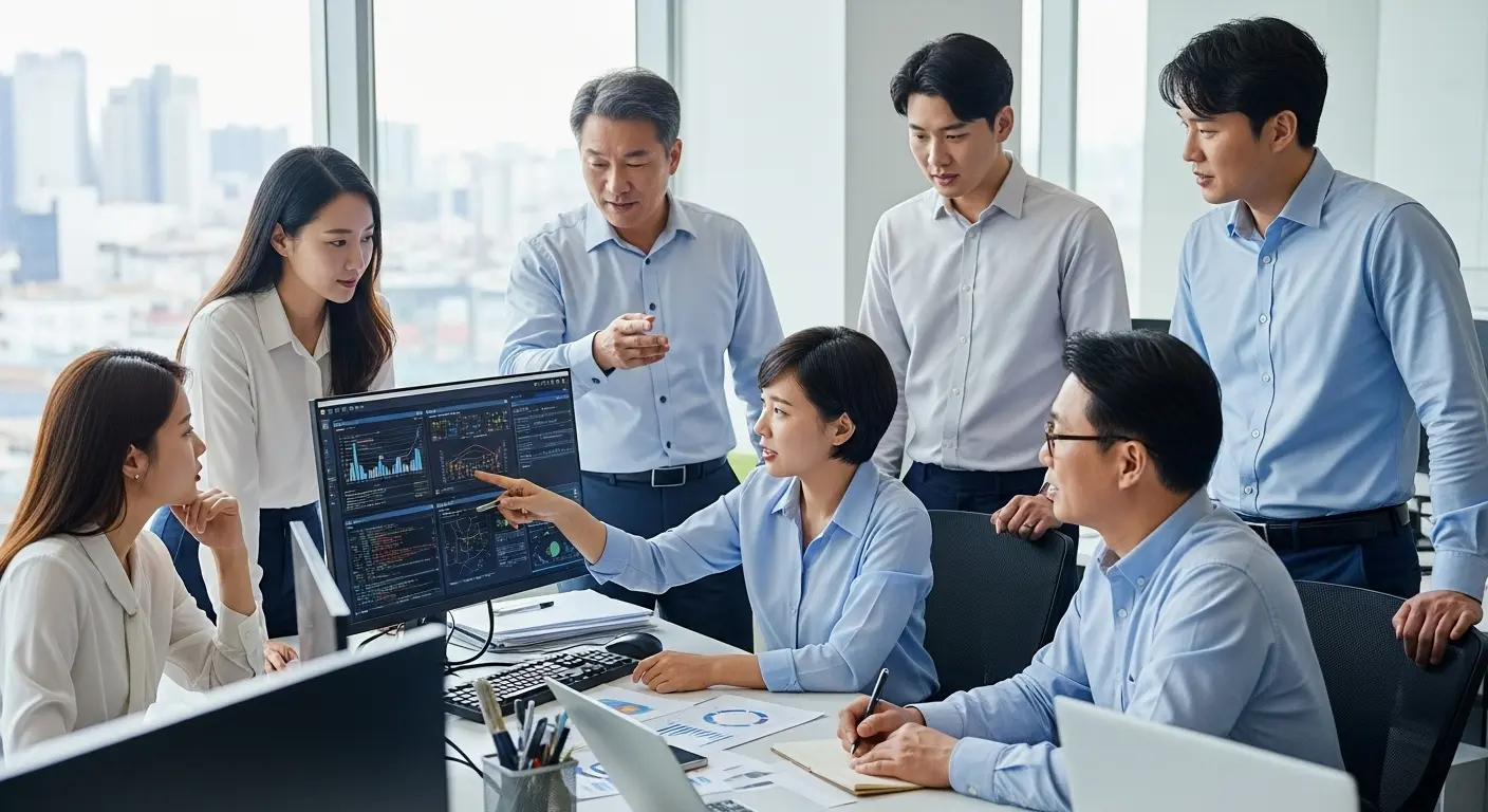 사무실 환경에서 데이터 품질 문제와 통합 과제를 논의하는 다양한 한국 전문가 팀