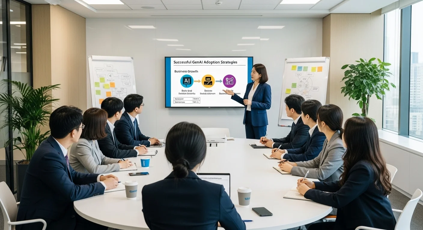시각 자료와 프레젠테이션이 포함된 성공적인 GenAI 채택 전략에 대한 한국 기업 교육 세션