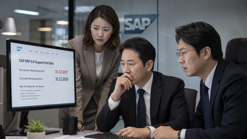 고급 사무실에서 SAP 유지보수 종료 날짜를 검토하는 한국 비즈니스 전문가들