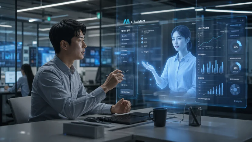 데이터 분석 작업을 돕는 AI 비서 홀로그램과 함께 하는 미래형 한국 직장