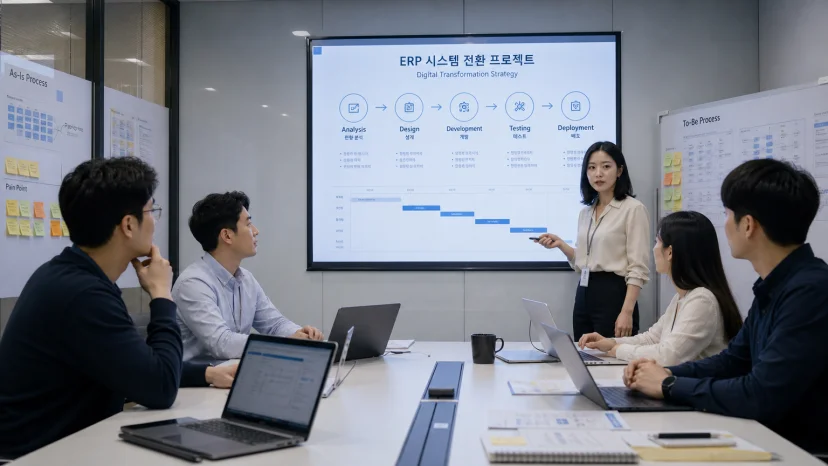ERP 변화를 위한 전략 회의를 진행 중인 한국 비즈니스 팀